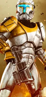 Futuristic armored soldier in action scene with yellow accents.