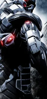 Futuristic armor with dark tones and red accents on a mobile wallpaper.