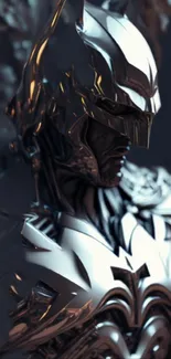 Futuristic armored figure with metallic design on dark background.