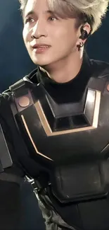 Person in futuristic black armor on a dark background.