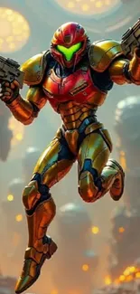 Futuristic armored character jumping with dual weapons.