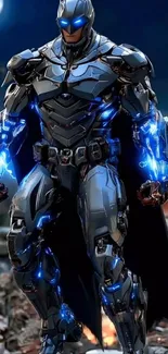 Futuristic armored warrior in blue light.
