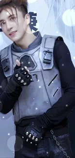 Man in futuristic gray armor giving a thumbs up against a light background.