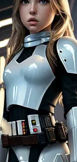 Futuristic character in silver armor with sleek tech design.