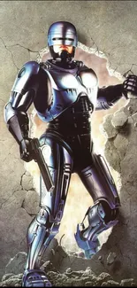 Futuristic armored figure breaking through a wall, set as a mobile wallpaper.