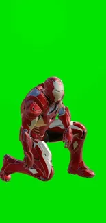 Futuristic armored figure kneeling on vibrant green background wallpaper.