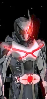 Futuristic robotic knight with glowing red features on black background.