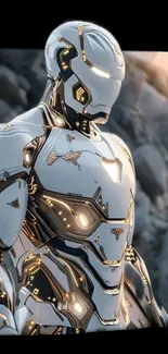 Futuristic armor with metallic finish on phone wallpaper