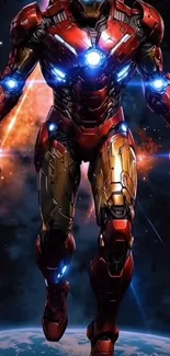 Futuristic armor hero in cosmic scene
