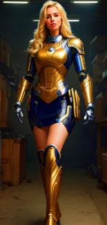 Blonde woman in blue and gold futuristic armor in a warehouse setting.