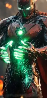 A futuristic superhero with glowing armor and green energy hands.