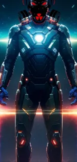 Futuristic armored figure with neon lights in sci-fi wallpaper.