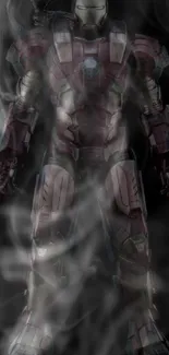 Futuristic armored design with smoke effect on mobile wallpaper.