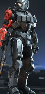 Futuristic soldier with armor, red accents, dark background.