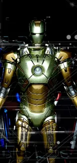 Futuristic gold armor with red and blue suits in digital design.