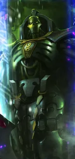 Futuristic armored warrior artwork in dark green tones with glowing accents.