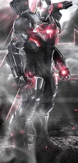 Futuristic warrior in armor with red accents on a dark background.