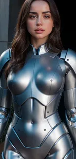 Woman in futuristic silver armor standing outdoors, showcasing tech design.