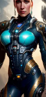 Futuristic woman in blue and gold armor with a sci-fi background.