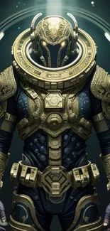 Futuristic astronaut in gold armor with intricate design elements.