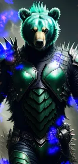 Futuristic bear in green armor with spikes and detailed textures.