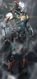 Futuristic cyborg with armored suit and digital effects.