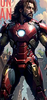 Armored hero in vibrant red suit with detailed futuristic design.