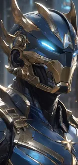 Futuristic warrior in blue and gold armor.