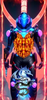 Futuristic armored hero with neon glow and intricate designs in vivid colors.