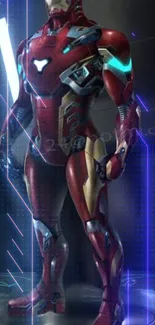 Futuristic armored hero with glowing blue accents on a red metallic suit.