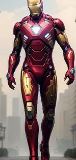 Iron Man in red and gold armor with glowing arc reactor.