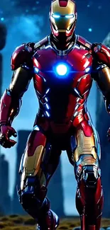 Futuristic armored hero in dynamic pose.