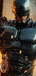 Futuristic armored hero with glowing sparks.