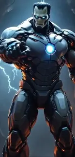 Futuristic armored hero with glowing core.