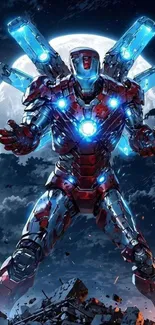 Futuristic armored hero under a full moon.