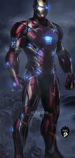 Futuristic hero in maroon armor with glowing lights and tech design.