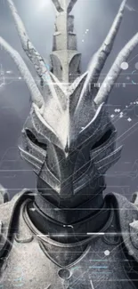 Futuristic knight in gray armor with high-tech details on a digital background.