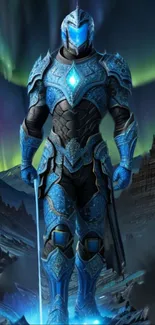 Futuristic armored knight in glowing blue armor with mystical northern lights.