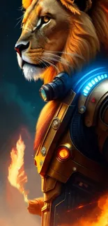 Futuristic lion with armor and flames in digital art wallpaper.