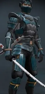 Futuristic samurai in detailed armor with sword.