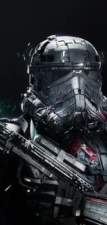 Futuristic armored soldier with weapon in sci-fi setting wallpaper.