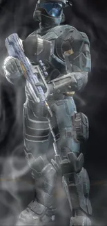 Futuristic armored soldier amid smoke on wallpaper.