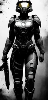 Futuristic female soldier in armor and helmet holding a weapon in black and white.