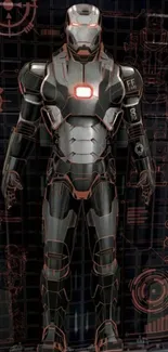 Futuristic armored suit on a grid background with a dark metallic finish.