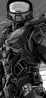 Futuristic armored warrior in black and gray illustration.