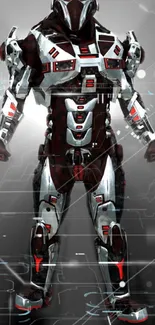 Futuristic armored warrior in dark red and silver.