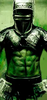 Futuristic armored warrior on a green background.