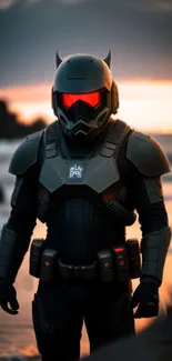 Futuristic armored warrior at sunset on a beach.