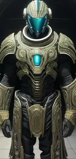 Futuristic warrior in ornate golden armor, perfect for sci-fi mobile wallpaper.