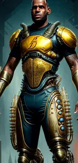 Futuristic warrior in golden armor with sci-fi background.